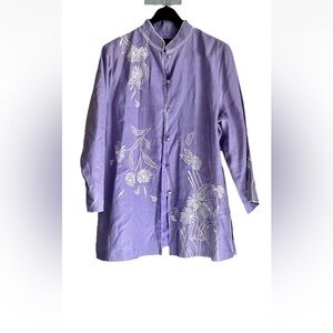 VTG SilkLand Woman Linen Embroidered Jacket Mandarin Collar Size 1X Boho Chic